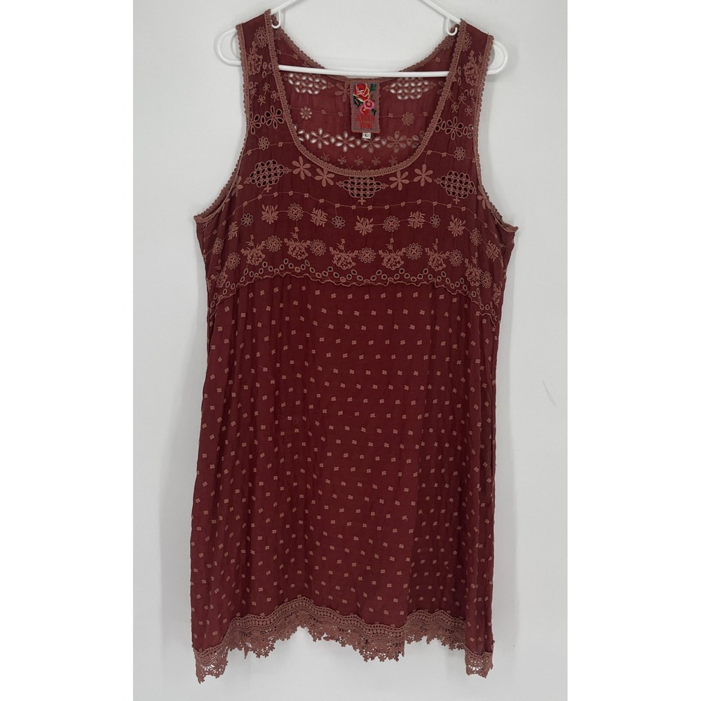 Johnny Was Tunic Dress Floral Embroidered Sleeveless Lace Eyelet Hem Sheer Boho